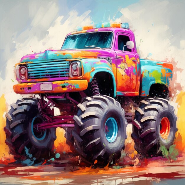 brightly colored monster truck with huge tires on a dirt road generative ai