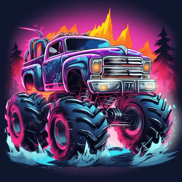 A brightly colored monster truck with huge tires in a forest generative ai