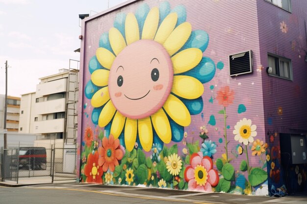 brightly colored mural of a smiling sunflower on a building generative ai
