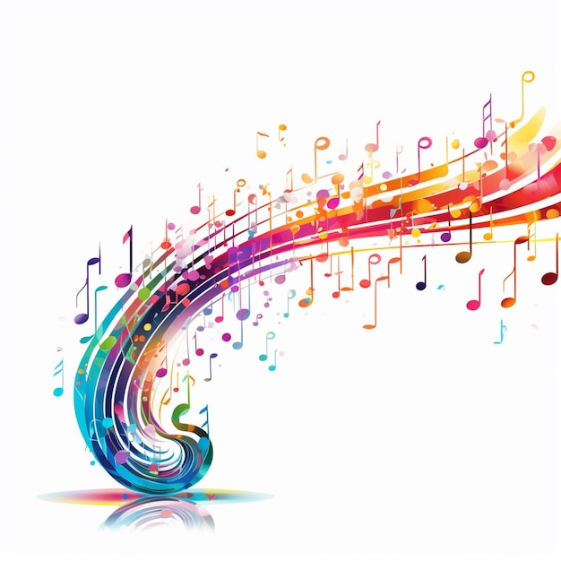 Яркие музыкальные ноты летят от красочной волны, генерирующей искусственный интеллект