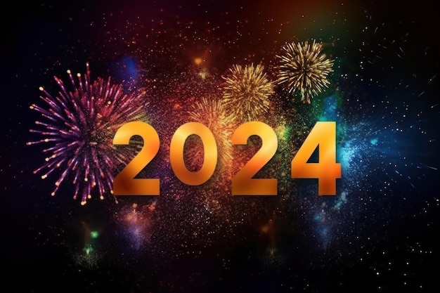 Brightly colored number 2024 happy new year on firework background AI generative