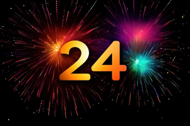 Brightly colored number 2024 happy new year on firework background AI generative
