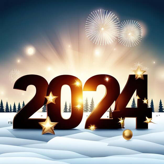 Brightly colored number 2024 reflecting new year on colored background Welcome