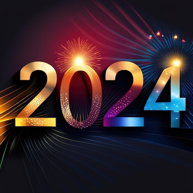 Brightly colored number 2024 reflecting new year on colored background Welcome