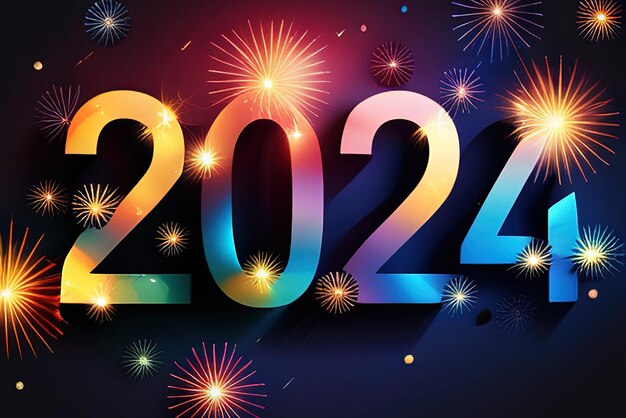 Brightly colored number 2024 reflecting new year on colored background Welcome