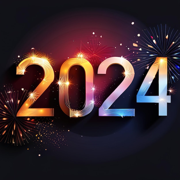 Brightly colored number 2024 reflecting new year on colored background Welcome