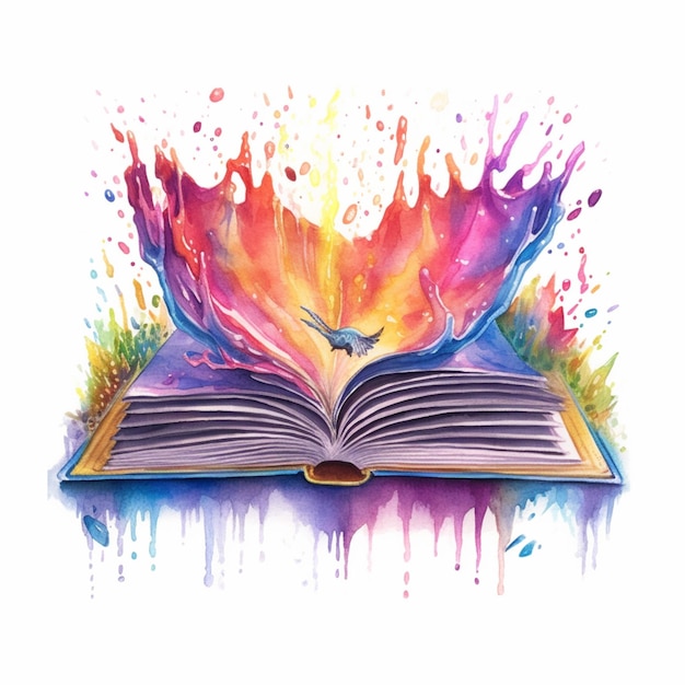 brightly colored open book with splashes of paint on it generative ai