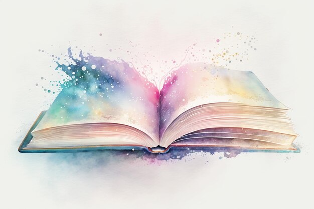 Photo brightly colored open book with watercolor splashs on it generative ai