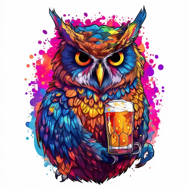 A brightly colored owl holding a beer mug with a splash of paint generative ai