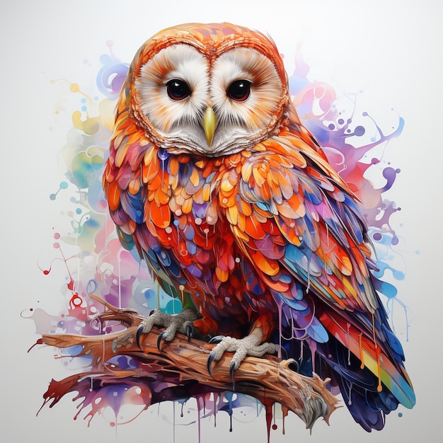 Brightly colored owl sitting on branch with colorful paint splatters generative ai