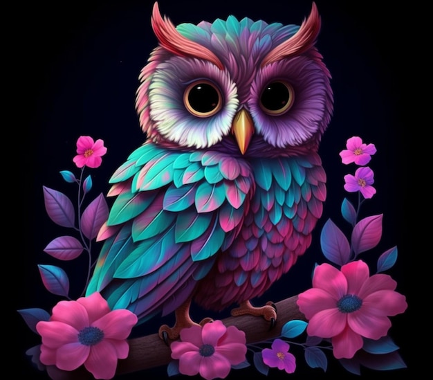 Brightly colored owl sitting on branch with flowers on dark background generative ai