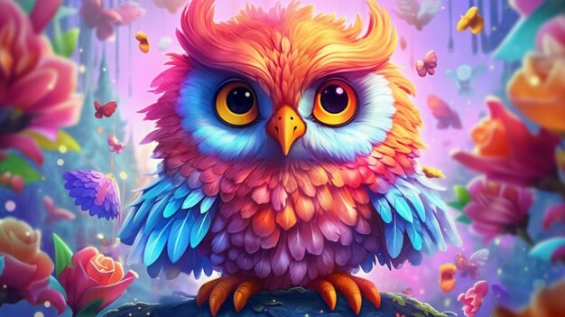 Brightly colored owl sitting on a rock surrounded by flowers generative ai