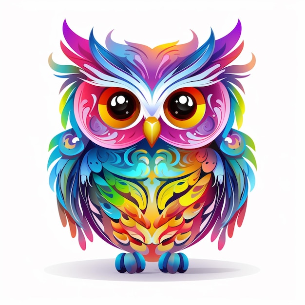 brightly colored owl with big eyes and colorful feathers generative ai