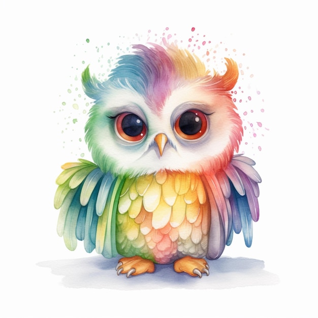 brightly colored owl with big eyes and a colorful tail generative ai