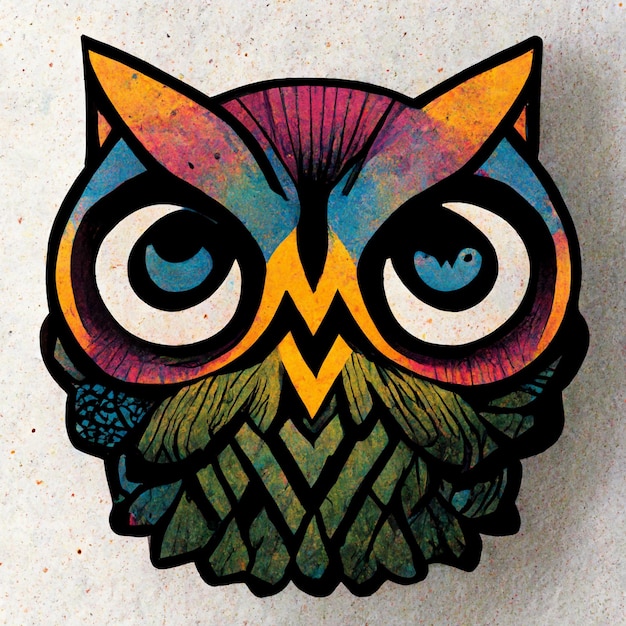 brightly colored owl with big eyes and a mustache on a white surface generative ai