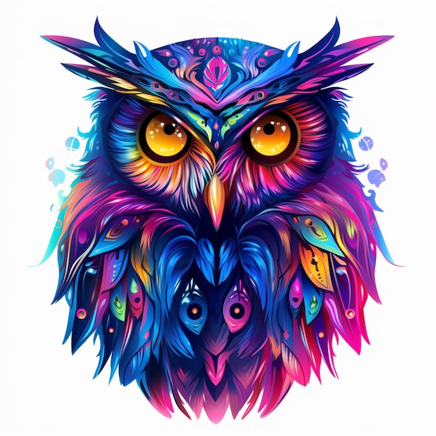 brightly colored owl with bright eyes and colorful feathers generative ai