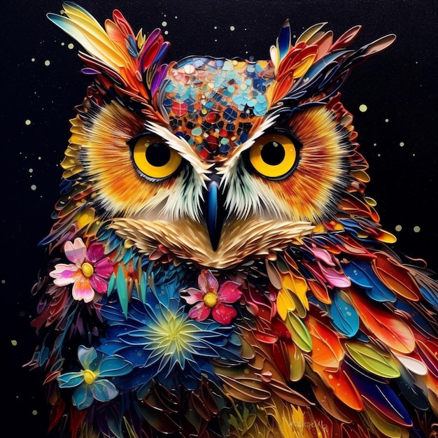 brightly colored owl with bright yellow eyes and colorful feathers generative ai