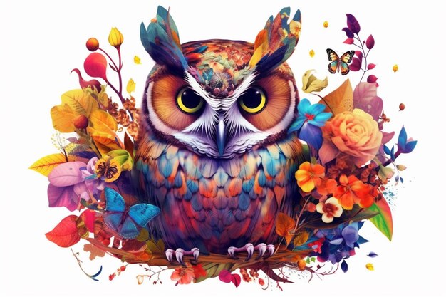 Brightly colored owl with flowers and butterflies on a white background generative ai