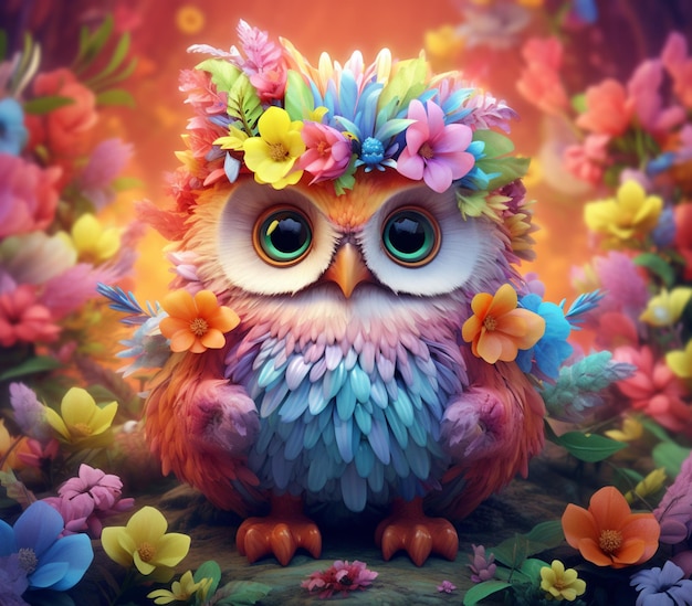 brightly colored owl with flowers in its beak sitting on a rock generative ai