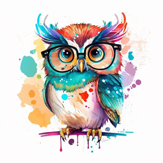 brightly colored owl with glasses on a branch with paint splatters generative ai