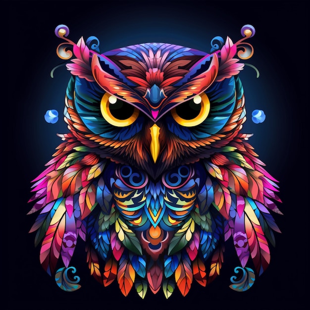 brightly colored owl with glowing eyes and feathers on a black background generative ai