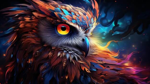 brightly colored owl with glowing eyes and feathers on a dark background generative ai