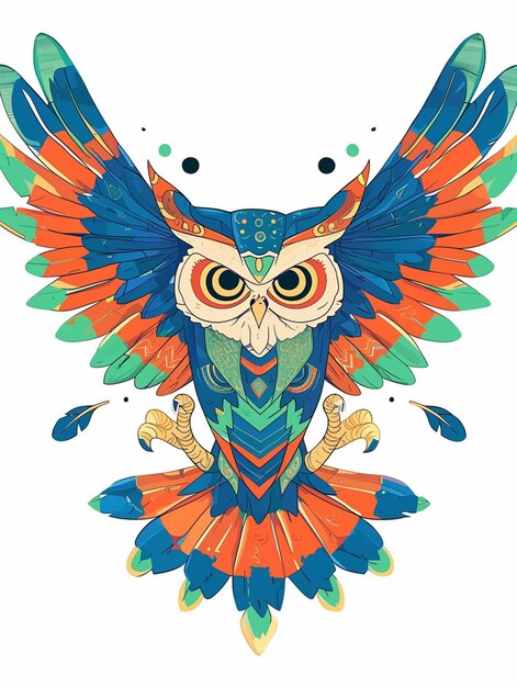 Photo brightly colored owl with open wings and a large eye generative ai