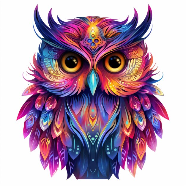 brightly colored owl with ornate feathers and ornate eyes generative ai