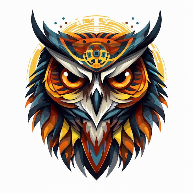 brightly colored owl with ornate head and eyes on white background generative ai