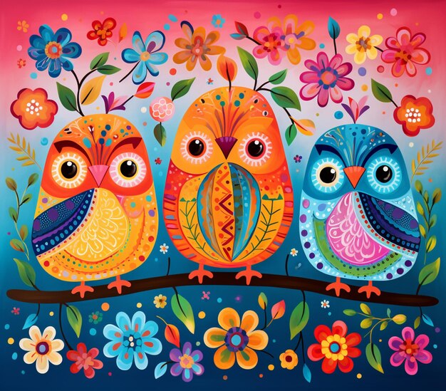 brightly colored owls sitting on a branch with flowers and leaves generative ai