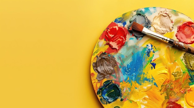 Brightly colored paint palette with brushes on a sunny yellow background