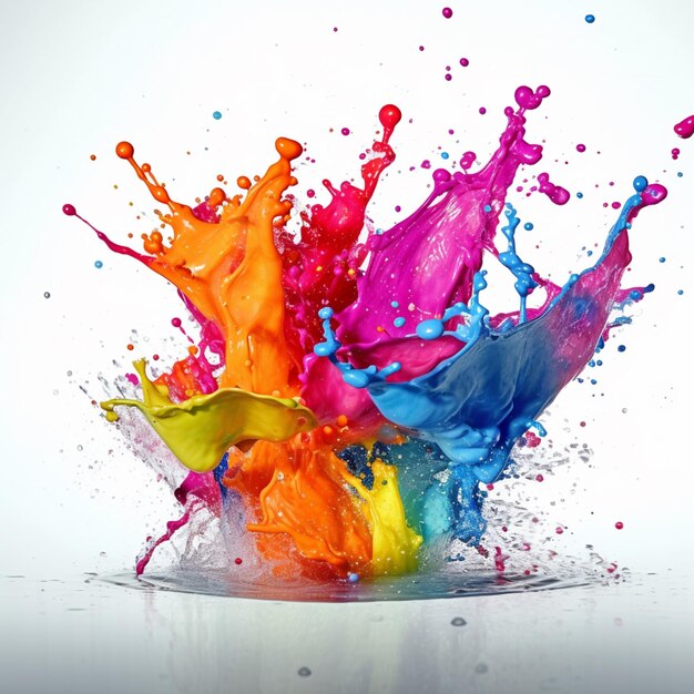 Brightly colored paint splashing into a glass container on a white surface generative ai