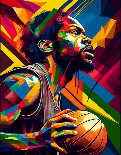 공을 들고 있는 농구 선수의 밝은 색의 그림