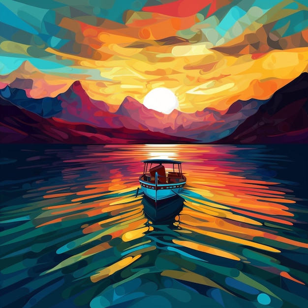 brightly colored painting of a boat in the middle of a lake generative ai