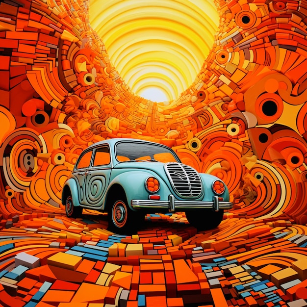 Brightly colored painting of a car in a colorful room with a lot of circles generative ai