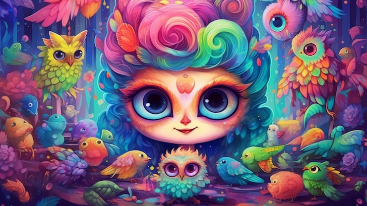 Photo 새 치와 함께 한 소녀의 밝은 색의 그림 생성 ai