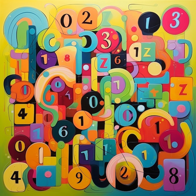 Photo brightly colored painting of a number puzzle with a lot of numbers generative ai