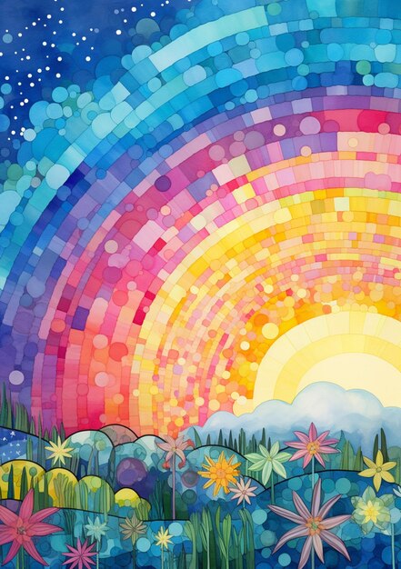 Brightly colored painting of a rainbow over a field of flowers generative ai