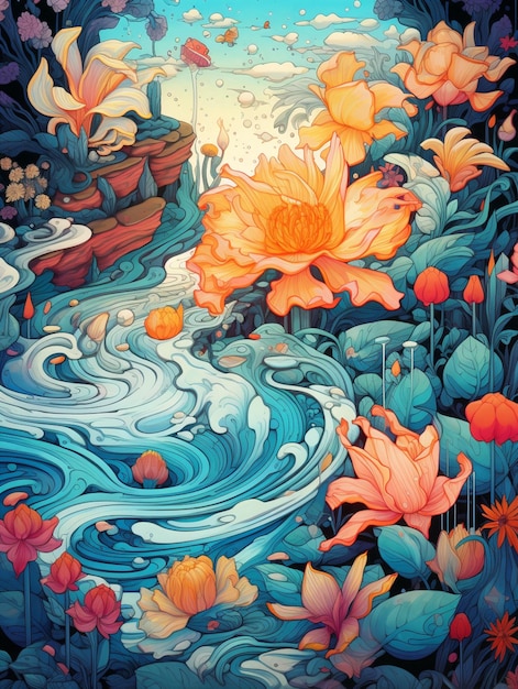 Brightly colored painting of a river with flowers and a waterfall generative ai