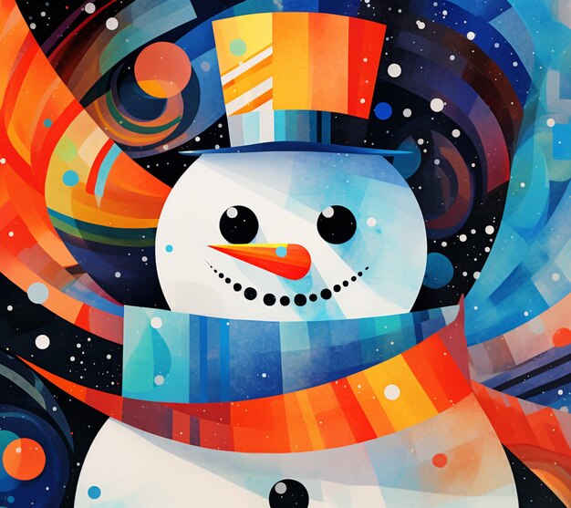 Brightly colored painting of a snowman with a scarf and hat generative ai