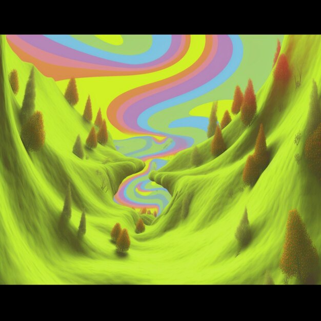 Photo a brightly colored painting of a stream of water in a green valley generative ai