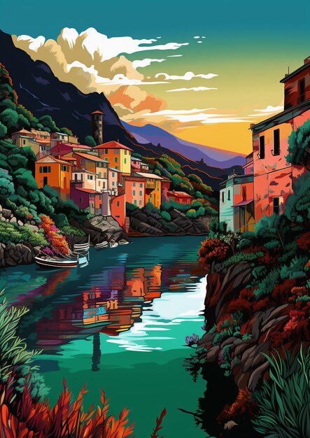 Brightly colored painting of a village on a river with a boat in the water generative ai
