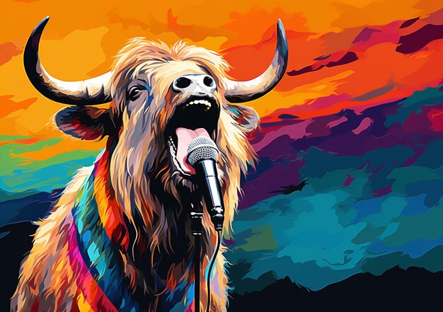 Brightly colored painting of a yak singing into a microphone generative ai