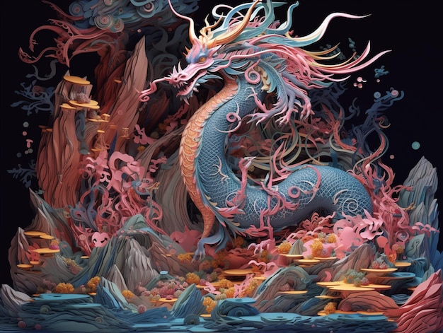 Brightly colored paper art of a dragon in a cave generative ai