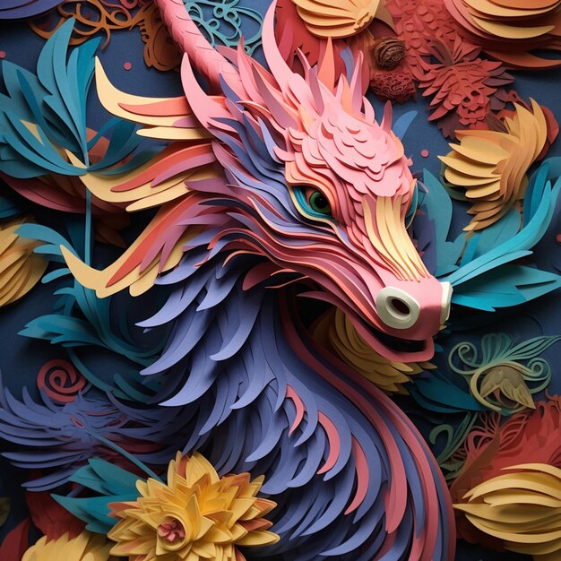 Brightly colored paper art of a dragon with flowers and leaves generative ai