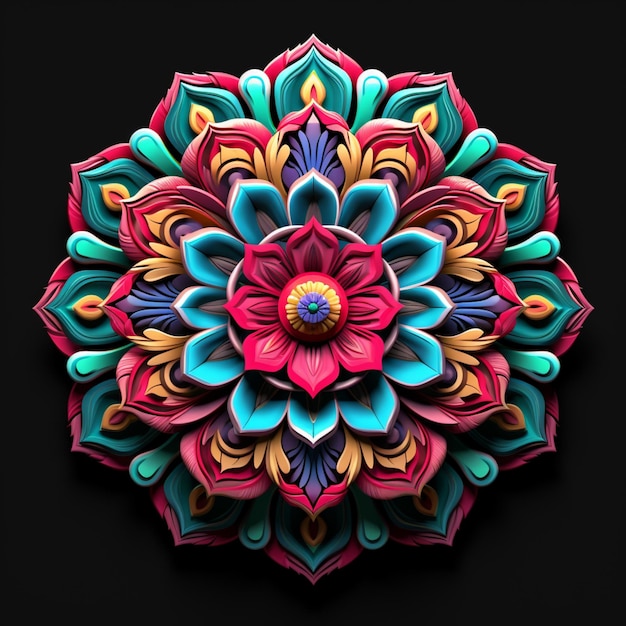 Photo brightly colored paper art of a flower on a black background generative ai