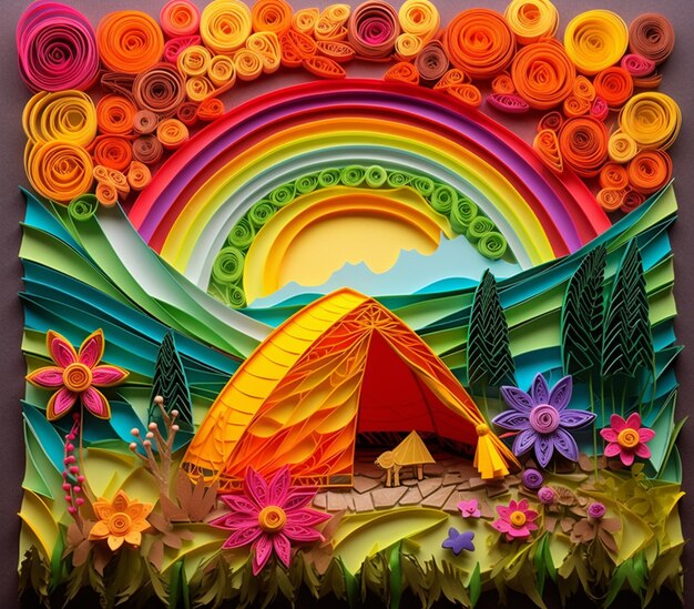 Brightly colored paper art of a tent in a field with flowers generative ai