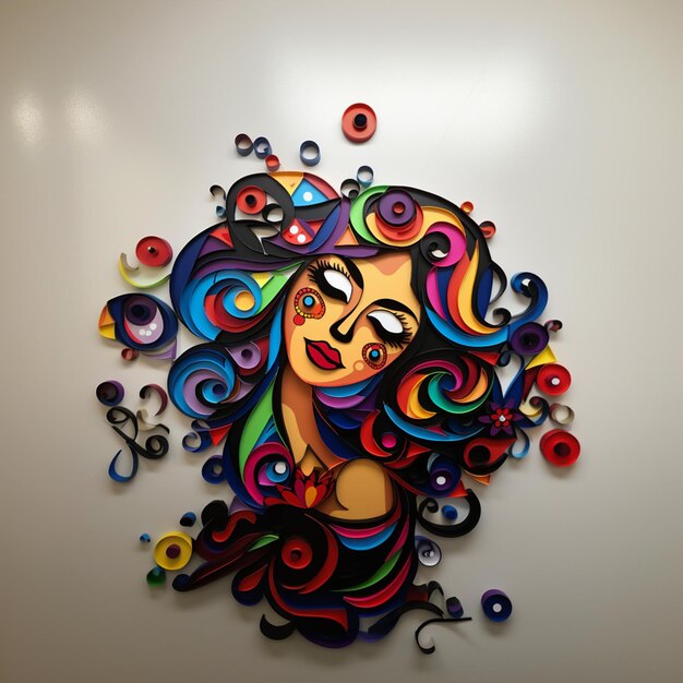 Brightly colored paper art of a woman with curly hair generative ai