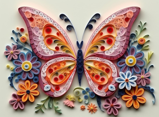 brightly colored paper butterfly with flowers and leaves on a white surface generative ai