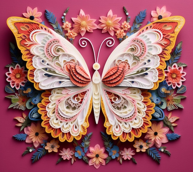 Brightly colored paper butterfly with intricate wings and flowers on pink background generative ai